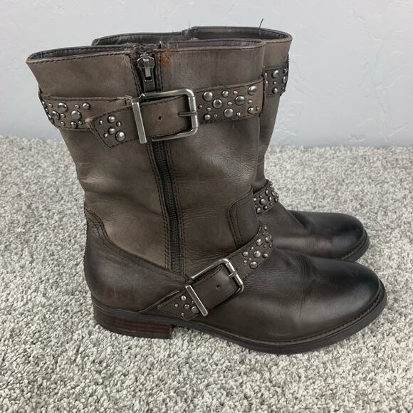 Arturo Chiang Boots Tall ankle Shaft Moto Studded Gray Buckle Side Zip Size 8.5 - Picture 2 of 9